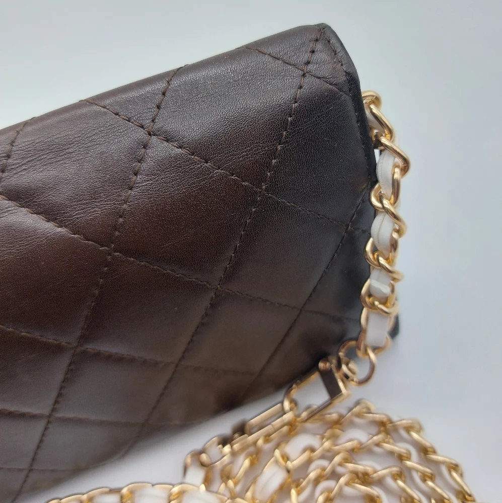 CHANEL Black & Tan Quilted Wallet-on-Chain with Gold Chain